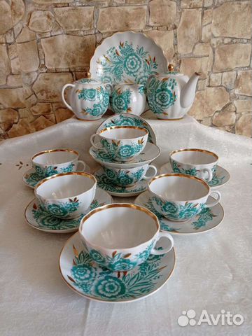 Чайный сервиз лфз зелёный гвоздика,ссср,предметно