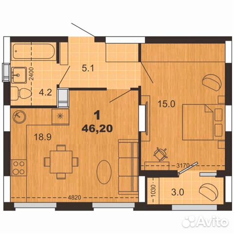 1-к квартира, 46.2 м², 7/24 эт. 1-к квартира, 46.2 м², 7/24 эт.