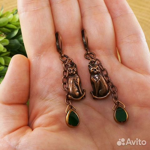 Серьги Кошки Коты медные зеленые Серьги Кошки Коты медные зеленые