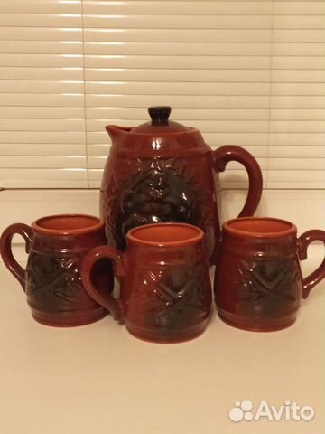 Керамический кувшин с 3-мя кружками, винтаж, СССР Керамический кувшин с 3-мя кружками, винтаж, СССР