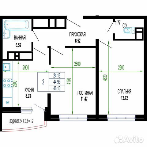 2-к квартира, 46.1 м², 23/24 эт. 2-к квартира, 46.1 м², 23/24 эт.