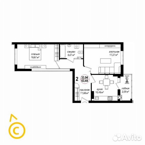 2-к квартира, 63.5 м², 1/10 эт.