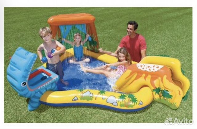Бассейн с горкой «Динозавр», игровой надувной цент