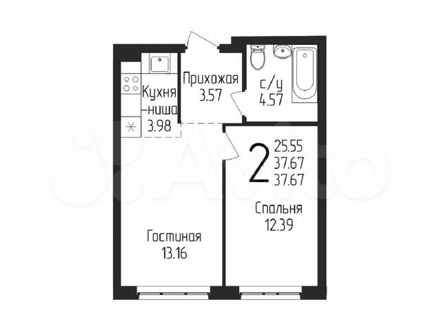 2-к. квартира, 37,6 м², 1/15 эт.