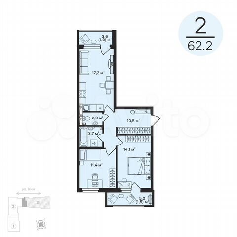 2-к. квартира, 62,2 м², 6/6 эт.