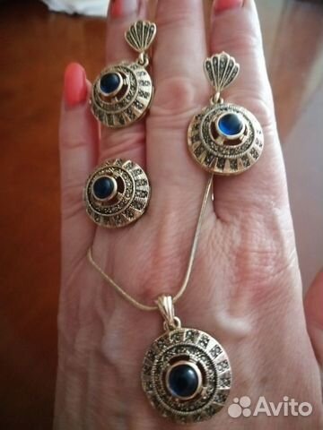 Комплект серьги, кольцо и подвеска с сапфирином