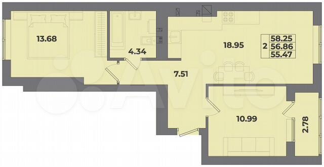 2-к. квартира, 58,3 м², 9/10 эт.