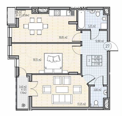 2-к. квартира, 77,9 м², 5/7 эт.