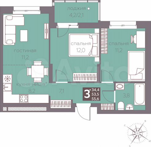 3-к. квартира, 55,6 м², 2/16 эт.