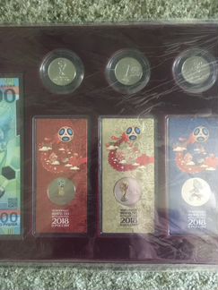 Набор монет и купюра чм 2018 на бархате