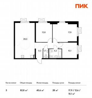 3-к квартира, 82.8 м², 10/33 эт.