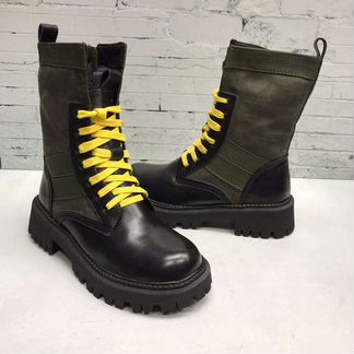 Ботинки зимние черные зеленые шнурки желтые