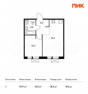 1-к квартира, 37.9 м², 2/9 эт.