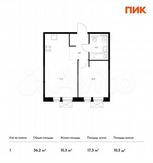 1-к квартира, 36.2 м², 4/9 эт.