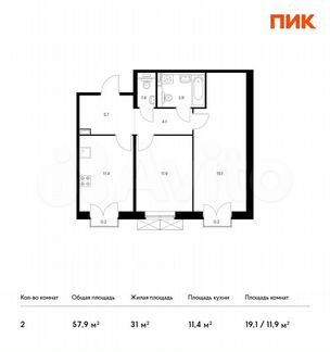 2-к квартира, 57.9 м², 9/9 эт.
