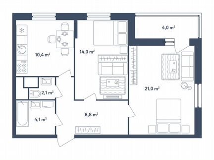 2-к квартира, 62.4 м², 25/25 эт.