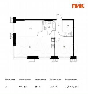 2-к апартаменты, 64.2 м², 24/28 эт.