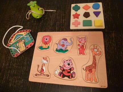 Деревянные рамки-вкладыши, шнуровки, пазлы и др