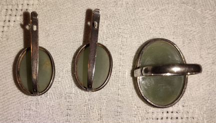 Комплект серьги и кольцо Нефрит Мельхиор