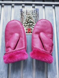Варежки рукавицы овчина женские розового цвета фук