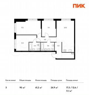 3-к квартира, 90 м², 16/21 эт.